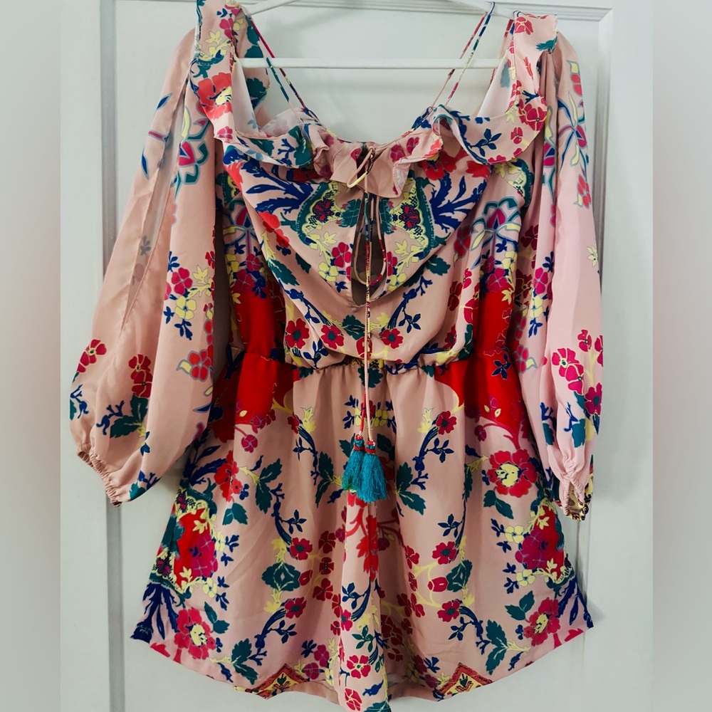 White Cove Romper - Long Sleeved Off Shoulder gorgeous vibrant multicolored boho